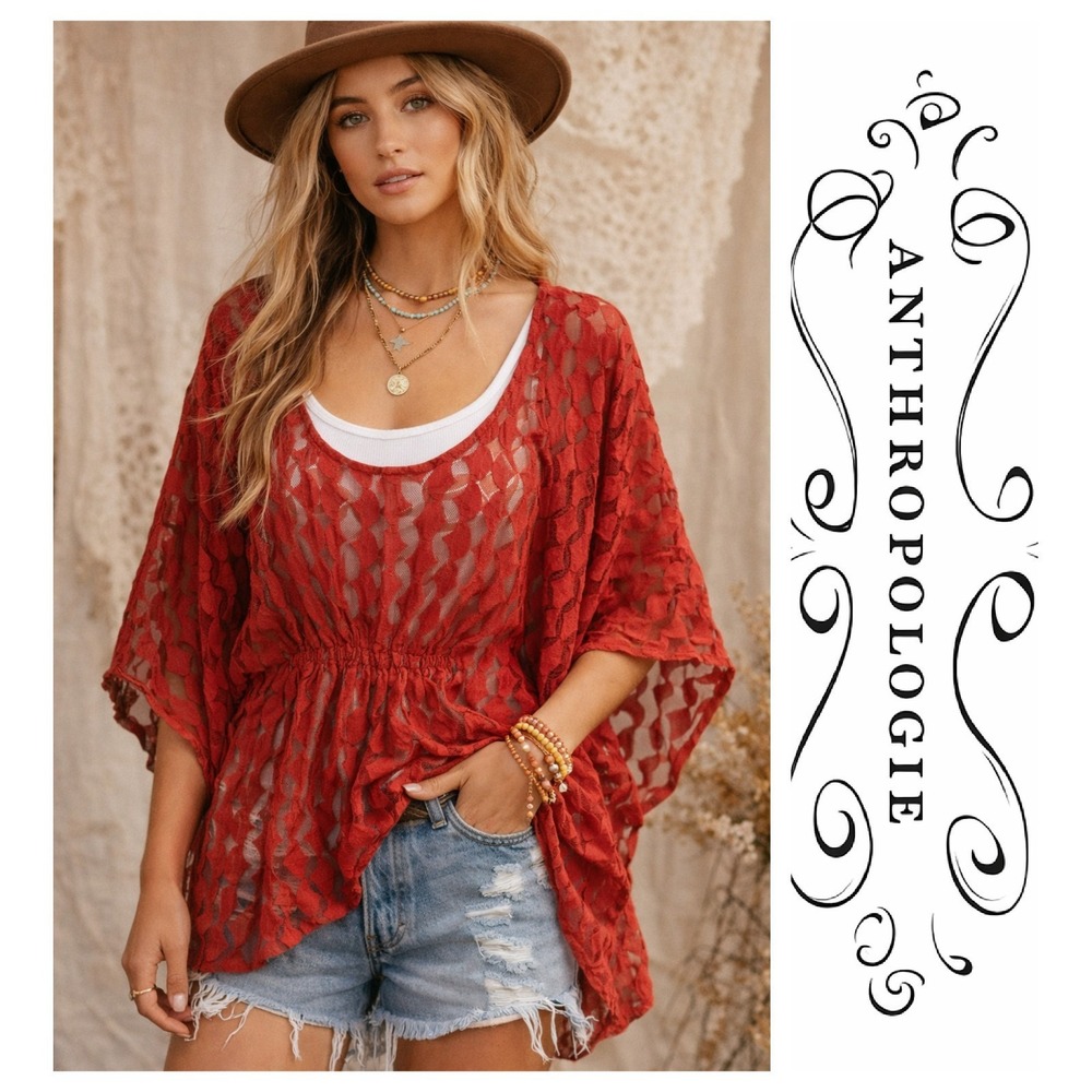 Anthropologie Rust Red Sheer Textured Kimono Tunic